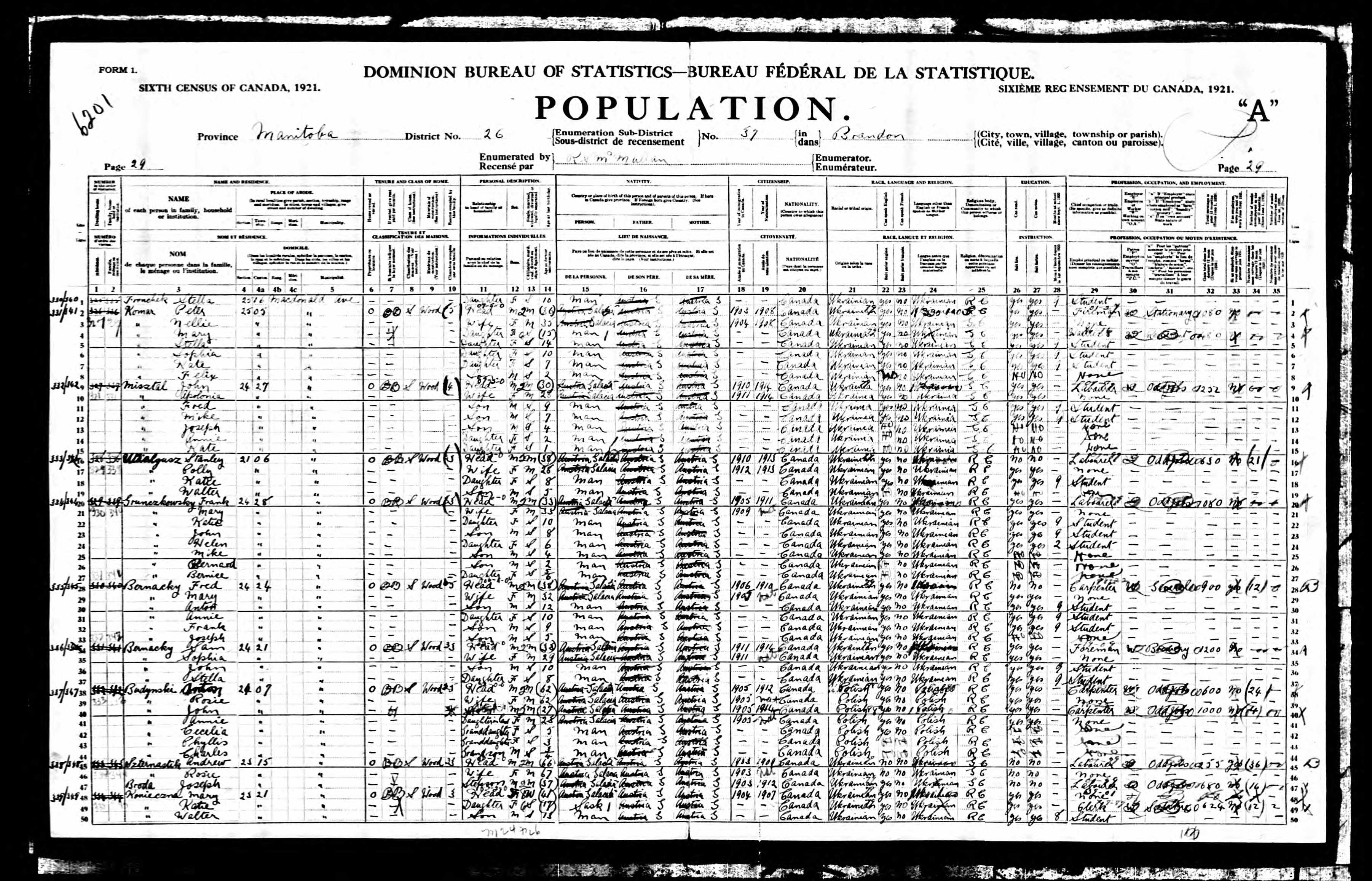 1921 Canadian Census: Line 2