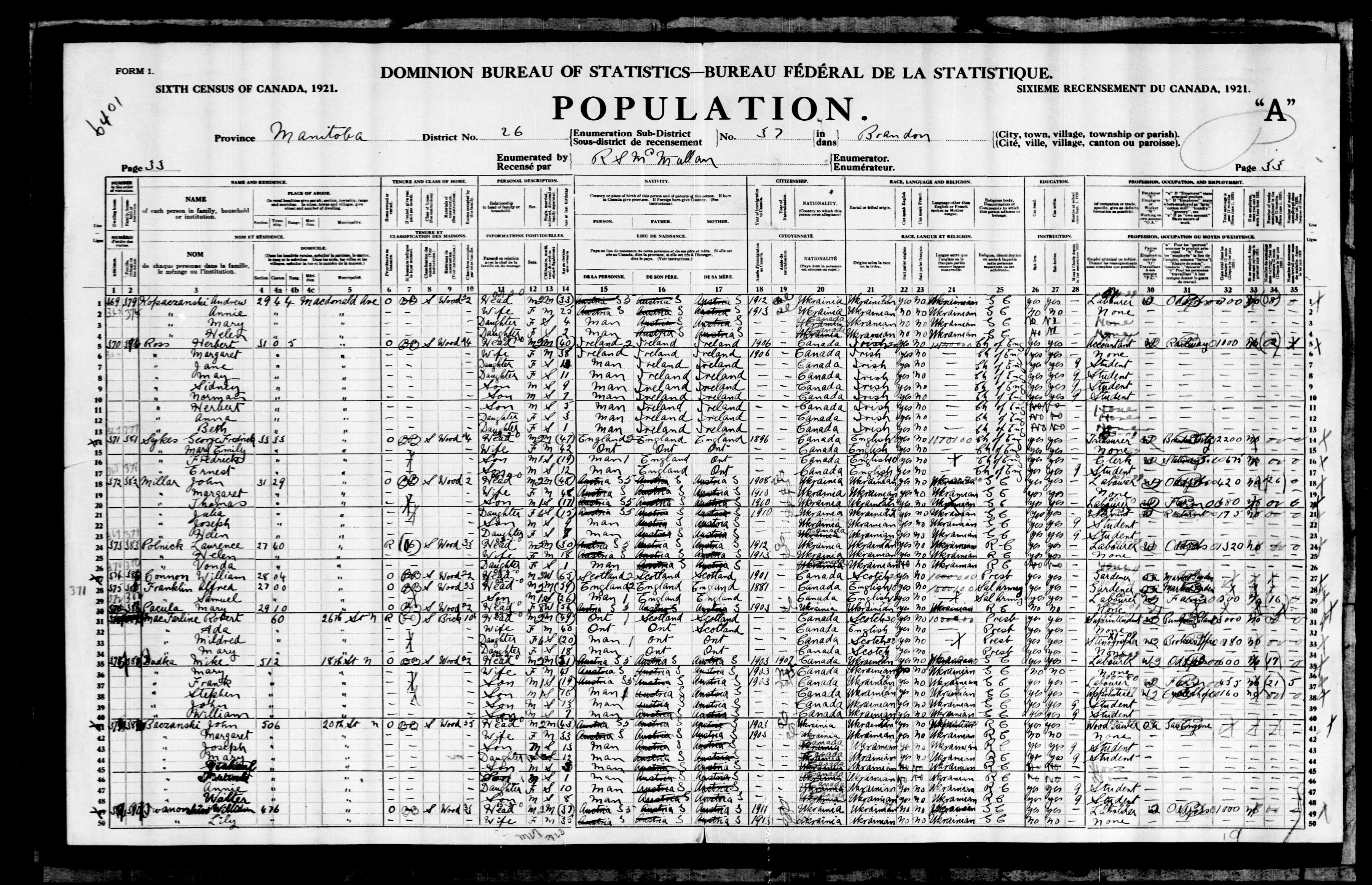 1921 Canadian Census: Line 1